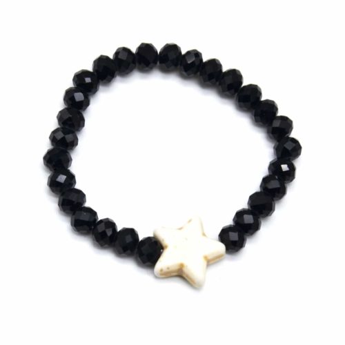 Bracelet-Elastic-large-beads-gloss-black-with-Charm-Etoile-stone-Style-Marble