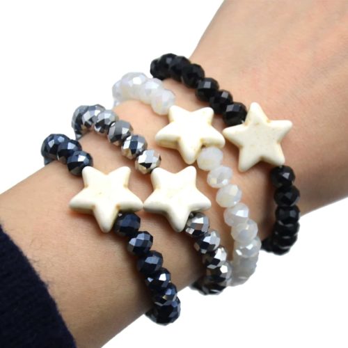Bracelet-Elastique-Grosses-Perles-Brillantes-avec-Charm-Etoile-Pierre-Style-Marbre