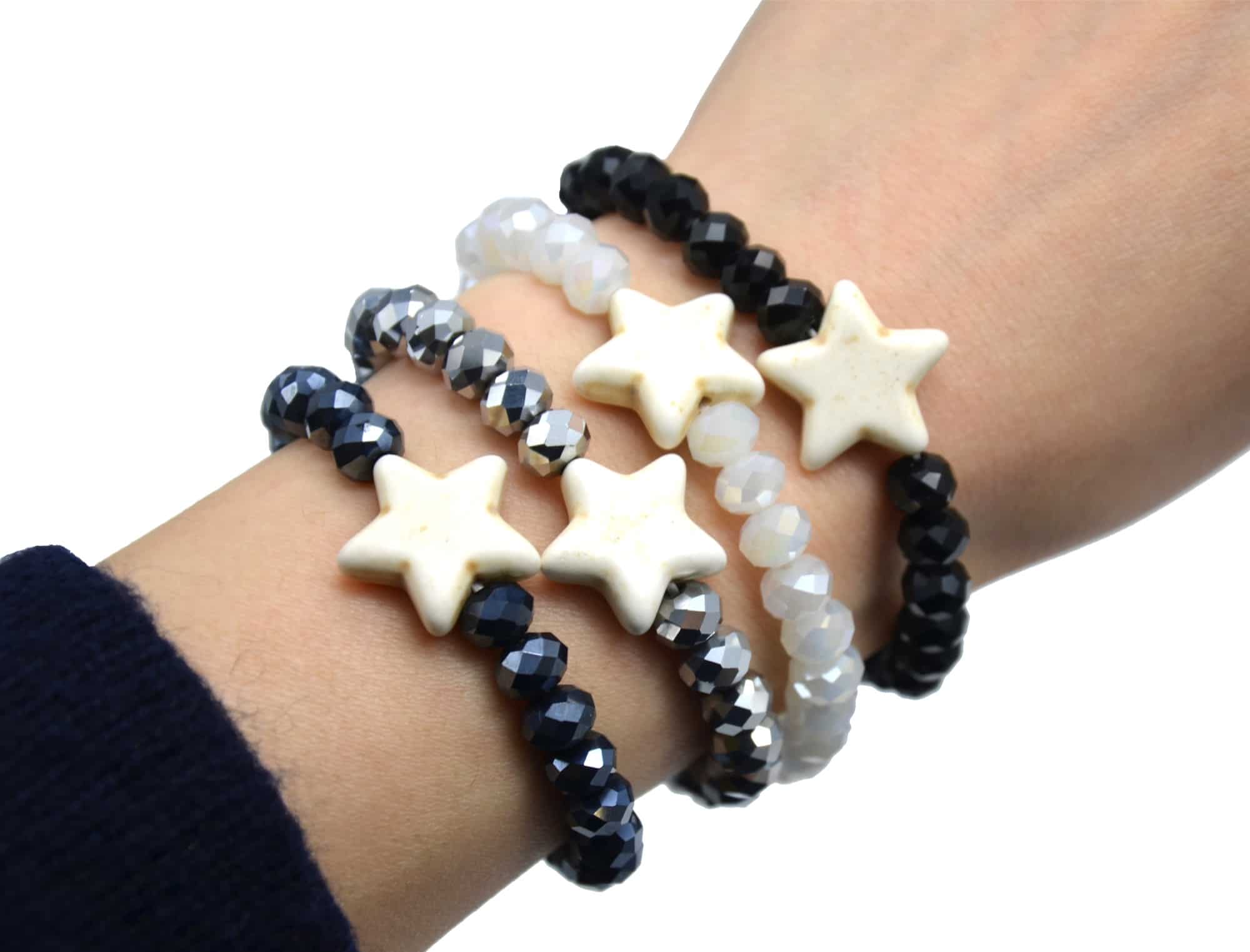 BC2256F - Bracelet Elastique Grosses Perles Brillantes Noir avec Charm  Etoile Pierre Style Marbre