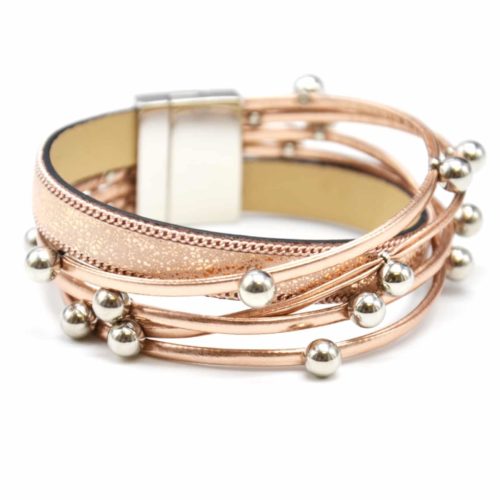 Bracelet-Manchette-Multi-Rangs-Simili-Cuir-Vernis-Champagne-Bande-Satinee-avec-Charms-Boules-Metal-Argente