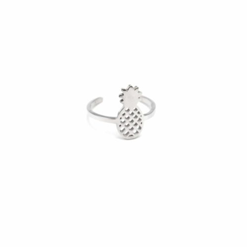 Bague-Ouverte-Reglable-Ananas-Ajoure-Acier-Argente