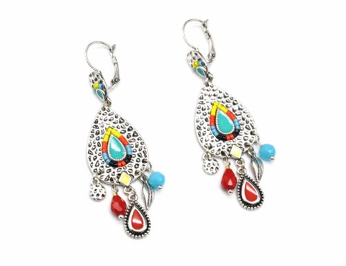 Boucles-dOreilles-Goutte-Metal-Relief-Argente-avec-Perles-Multicolore-et-Charms