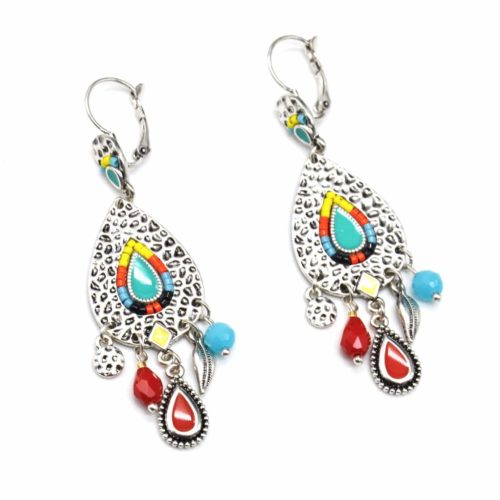 Boucles-dOreilles-Goutte-Metal-Relief-Argente-avec-Perles-Multicolore-et-Charms