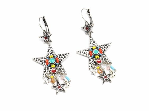 Boucles-dOreilles-Etoile-Metal-Relief-Argente-avec-Perles-Multicolore-et-Charms