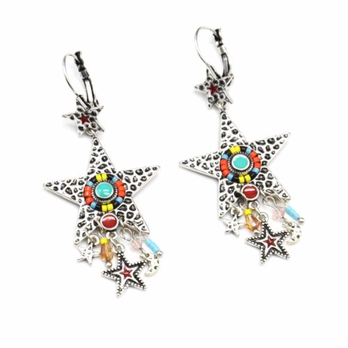 Boucles-dOreilles-Pendantes-Etoile-Metal-Relief-Argente-avec-Perles-Multicolore-et-Multi-Charms-Ethnique