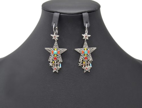 Boucles-dOreilles-Etoile-Metal-Relief-Argente-avec-Perles-Multicolore-et-Charms