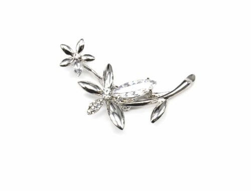 Broche-Epingle-Double-Fleurs-Pierres-et-Strass-avec-Tige-Metal-Argente