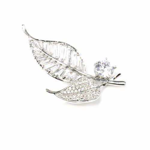 Broche-Epingle-Double-Feuilles-Metal-Argente-avec-Strass-et-Pierres-Zirconium