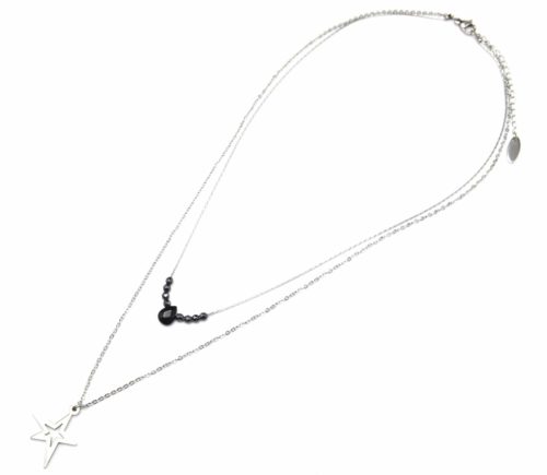 Collier-Double-Chaine-avec-Goutte-Perles-et-Etoile-Asymetrique-Acier-Argente