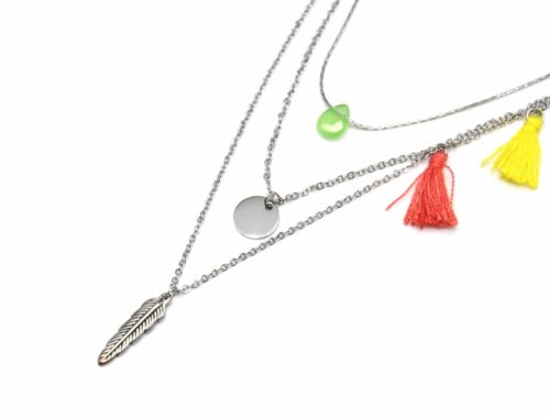 Collier-Triple-Fine-Chaine-Pendentifs-Goutte-Medaille-et-Plume-Ethnique-Acier-Argente-avec-Pompons-CorailJaune