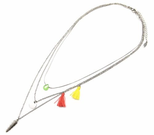 Collier-Triple-Fine-Chaine-Pendentifs-Goutte-Medaille-et-Plume-Ethnique-Acier-Argente-avec-Pompons-CorailJaune