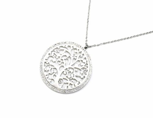 Sautoir-Collier-Fine-Chaine-Pendentif-Cercle-Contour-Strass-avec-Arbre-de-Vie-Ajoure-Acier-Argente