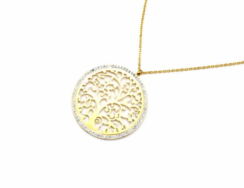 Sautoir-Collier-Fine-Chaine-Pendentif-Cercle-Contour-Strass-avec-Arbre-de-Vie-Ajoure-Acier-Dore