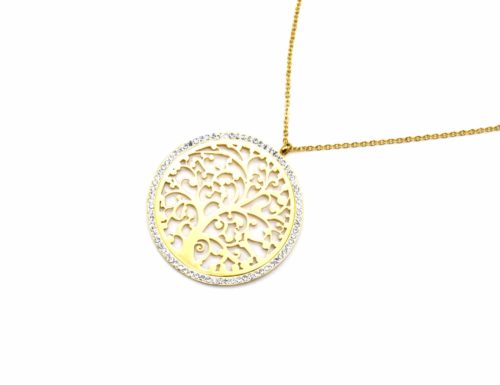 Sautoir-Collier-Fine-Chaine-Pendentif-Cercle-Contour-Strass-avec-Arbre-de-Vie-Ajoure-Acier-Dore