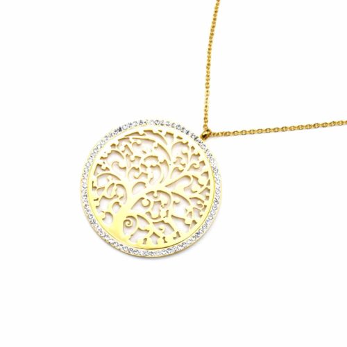 Sautoir-Collier-Fine-Chaine-Pendentif-Cercle-Contour-Strass-avec-Arbre-de-Vie-Ajoure-Acier-Dore