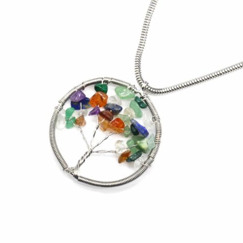 Sautoir-Collier-Pendentif-Cercle-Metal-Argente-avec-Arbre-de-Vie-Pierres-Multicolore