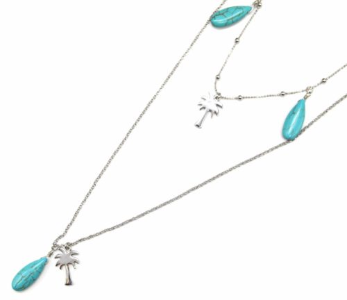 Sautoir-Collier-Double-Chaine-Pendentifs-Palmiers-Metal-Argente-et-Pierres-Turquoise