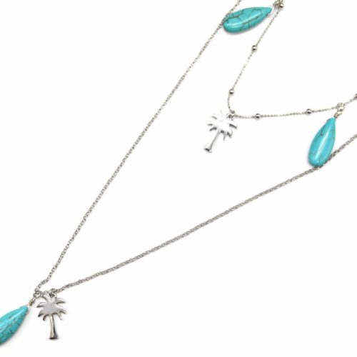 Sautoir-Collier-Double-Chaine-Pendentifs-Palmiers-Metal-Argente-et-Pierres-Turquoise