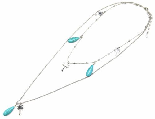 Sautoir-Collier-Double-Chaine-Pendentifs-Palmiers-Metal-Argente-et-Pierres-Turquoise