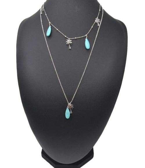 Sautoir-Collier-Double-Chaine-Pendentifs-Palmiers-Metal-Argente-et-Pierres-Turquoise