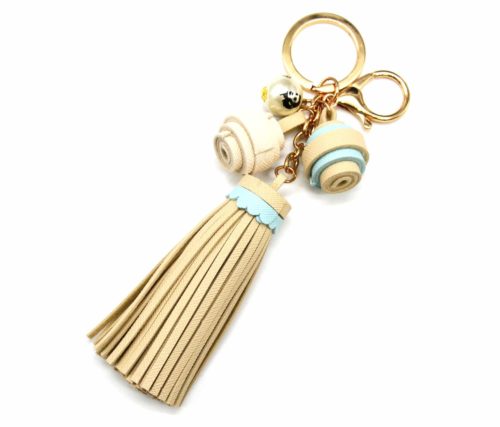 Porte-Cles-Bijou-de-Sac-Pompon-Franges-et-Charms-Simili-Cuir-Graine-Beige