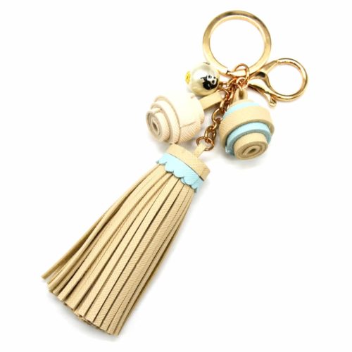 Porte-Cles-Bijou-de-Sac-Pompon-Franges-et-Charms-Simili-Cuir-Graine-Beige