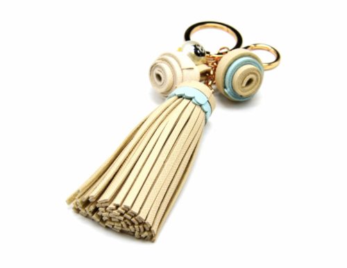 Porte-Cles-Bijou-de-Sac-Pompon-Franges-et-Charms-Simili-Cuir-Graine-Beige