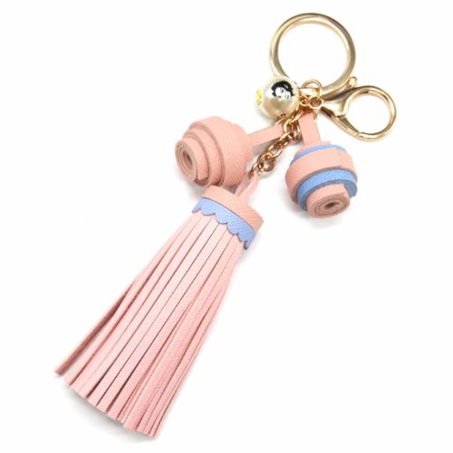 Porte-Cles-Bijou-de-Sac-Pompon-Franges-et-Charms-Simili-Cuir-Graine-Rose