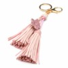Porte-Cles-Bijou-de-Sac-Double-Pompons-Franges-Simili-Cuir-Rose-avec-Fleur