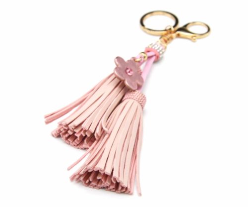 Porte-Cles-Bijou-de-Sac-Double-Pompons-Franges-Simili-Cuir-Rose-avec-Fleur