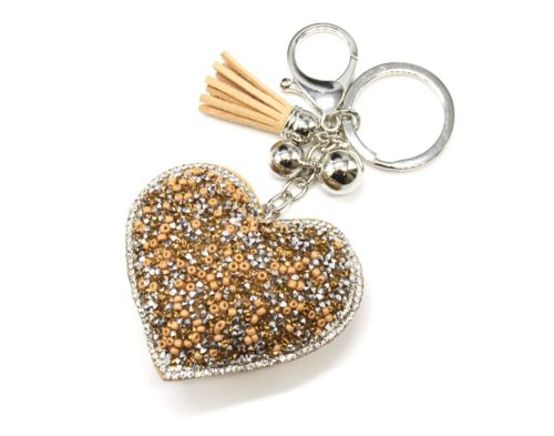 Porte-Cles-Bijou-de-Sac-Coeur-Clous-Perles-Strass-et-Feutrine-Beige-avec-Pompon