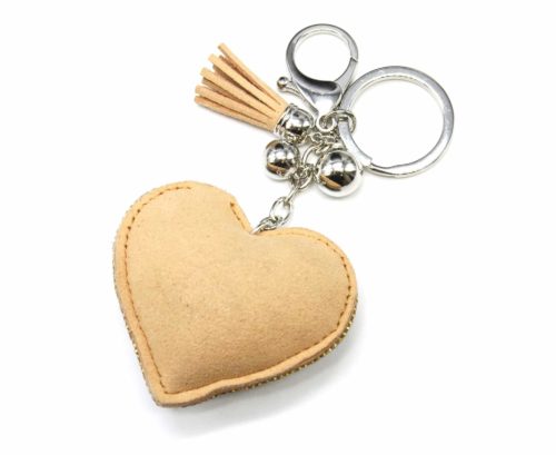 Porte-Cles-Bijou-de-Sac-Coeur-Clous-Perles-Strass-et-Feutrine-Beige-avec-Pompon