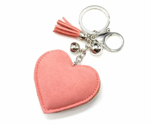 Porte-Cles-Bijou-de-Sac-Coeur-Clous-Perles-Strass-et-Feutrine-Rose-avec-Pompon