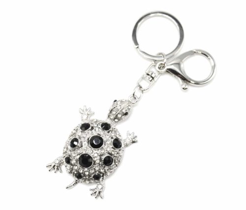 Porte-Cles-Bijou-de-Sac-Tortue-Carapace-Pierres-Noires-Strass-et-Metal-Argente