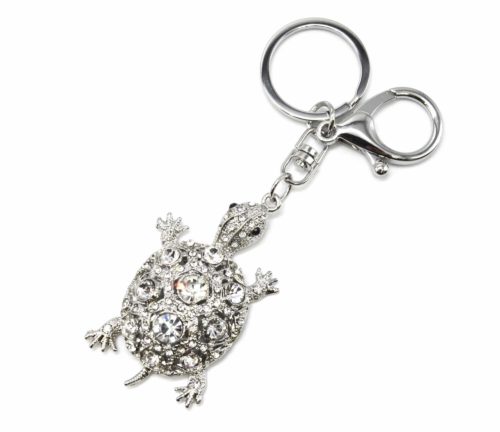 Porte-Cles-Bijou-de-Sac-Tortue-Carapace-Pierres-Strass-et-Metal-Argente