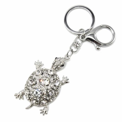 Porte-Cles-Bijou-de-Sac-Tortue-Carapace-Pierres-Strass-et-Metal-Argente