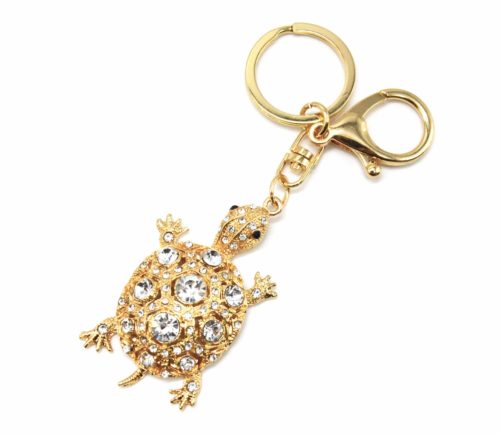 Porte-Cles-Bijou-de-Sac-Tortue-Carapace-Pierres-Strass-et-Metal-Dore