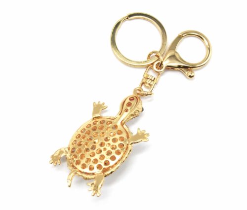 Porte-Cles-Bijou-de-Sac-Tortue-Carapace-Pierres-Strass-et-Metal-Dore