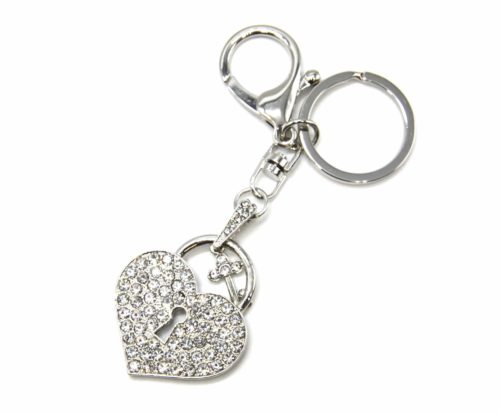 Porte-Cles-Bijou-de-Sac-Cadenas-Coeur-Strass-avec-Cle-Metal-Argente