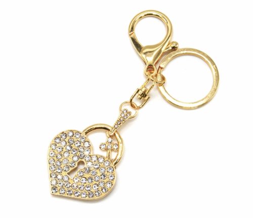 Porte-Cles-Bijou-de-Sac-Cadenas-Coeur-Strass-avec-Cle-Metal-Dore