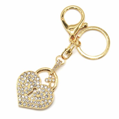 Porte-Cles-Bijou-de-Sac-Cadenas-Coeur-Strass-avec-Cle-Metal-Dore