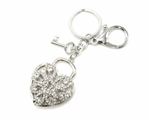 Porte-Cles-Bijou-de-Sac-Cadenas-Coeur-Ajoure-avec-Strass-et-Cle-Metal-Argente