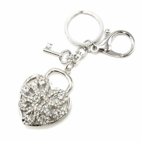 Porte-Cles-Bijou-de-Sac-Cadenas-Coeur-Ajoure-avec-Strass-et-Cle-Metal-Argente