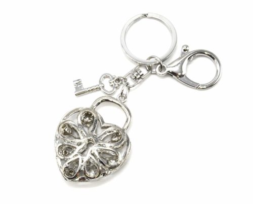 Porte-Cles-Bijou-de-Sac-Cadenas-Coeur-Ajoure-avec-Strass-et-Cle-Metal-Argente