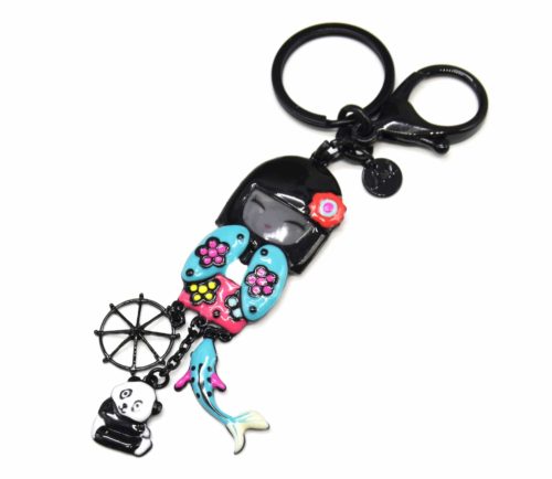 Porte-Cles-Bijou-de-Sac-Poupee-Kimono-Japonais-Email-Turquoise-avec-Panda-et-Multi-Charms