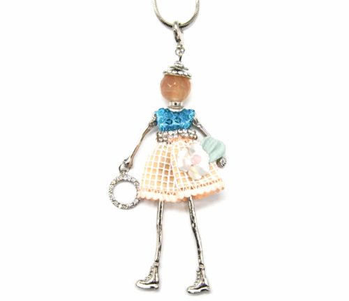 Sautoir-Collier-Pendentif-Poupee-Robe-Sequins-Bleu-Strass-et-Carreaux-Saumon-Fleur