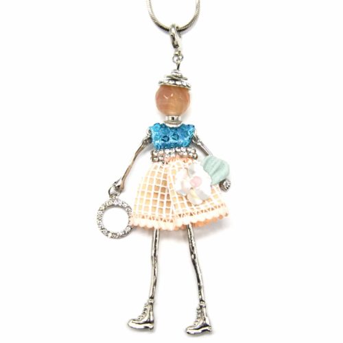 Sautoir-Collier-Pendentif-Poupee-Robe-Sequins-Bleu-Strass-et-Carreaux-Saumon-Fleur