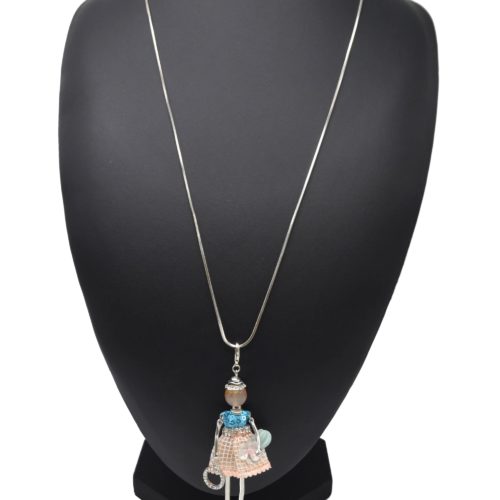 Sautoir-Collier-Pendentif-Poupee-Robe-Sequins-Bleu-Strass-et-Carreaux-Saumon-Fleur