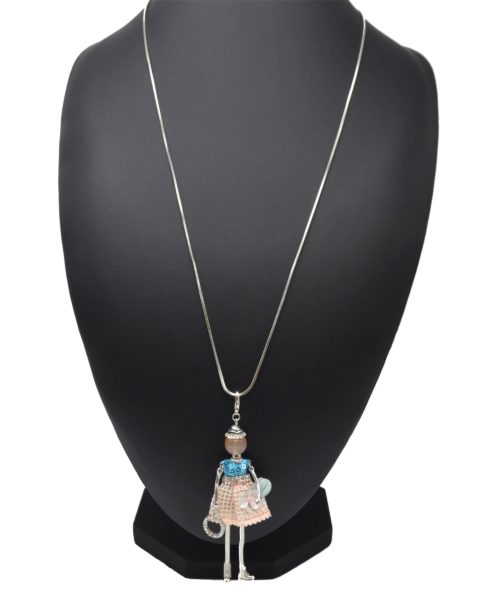 Sautoir-Collier-Pendentif-Poupee-Robe-Sequins-Bleu-Strass-et-Carreaux-Saumon-Fleur