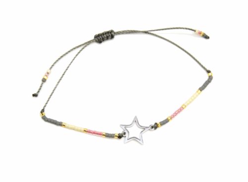 Bracelet-Cordon-Ajustable-Gris-avec-Perles-Rocaille-et-Etoile-Acier-Argente